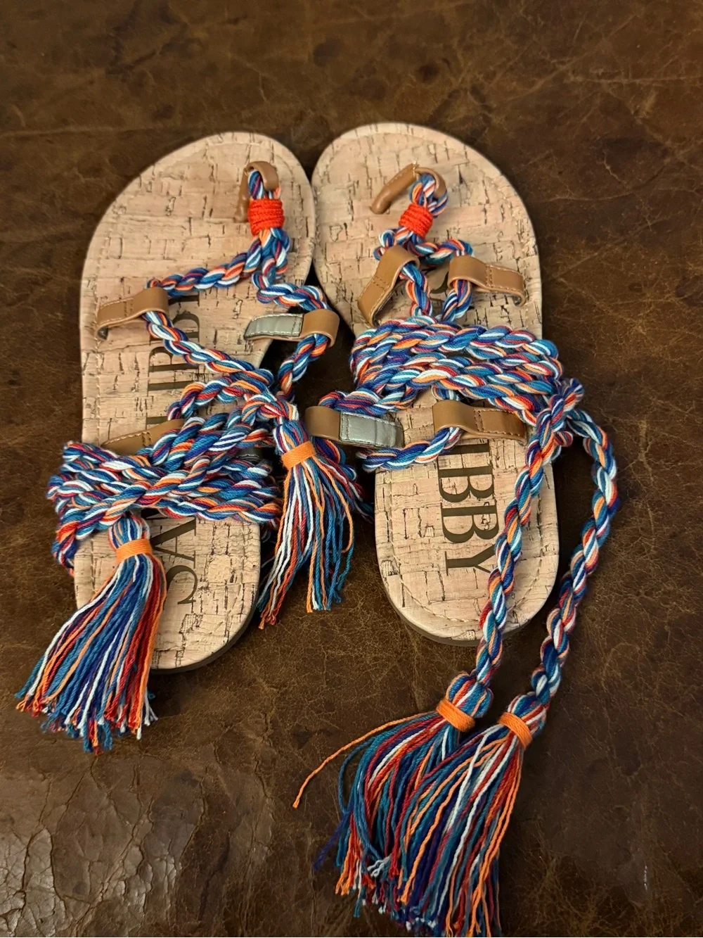 Sam & Libby Boho Braided Rope Wrap Tassel Sandals Cork Footbed Sz 7